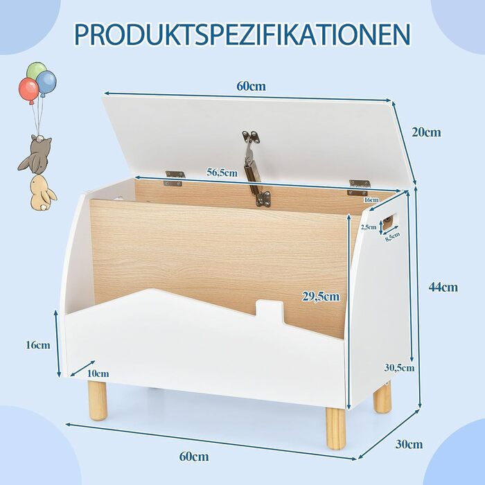 Дитяче книжкове та іграшкове шафка SOARS 2 в 1, білий, 60 x 30 x 44 см. Масивні дерев'яні ніжки, органайзер для іграшок з кришкою та відкритими полицями. Шафа для дитячої кімнати.