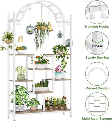 Плантатор Tribesigns з 5 полицями для дому, металева конструкція, полиці-арки з гачками, велика підставка для квіткових горщиків, для саду, балкону, вітальні, білий та сірий