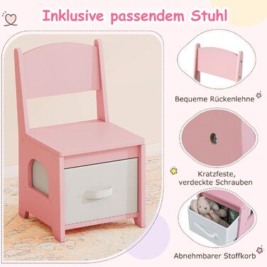 Детський туалетний столик COSTWAY 2-в-1 зі стільчиком та дзеркалом, з LED-підсвіткою, 2 шухляди, для дівчаток 3-7 років (Рожевий)