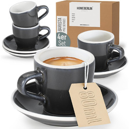 Набір еспресо-чашок Homeberlin Barista Pro - 4 шт. по 80 мл - Преміум якість, ручна робота, сірий глазурований стеглинний фарфор з підставками