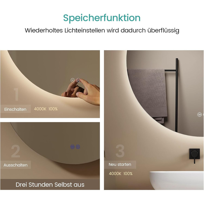 Дзеркало для ванної кімнати EMKE круглої форми з підсвічуванням 80 см – кругле дзеркало з 3 кольорами світла, регулюванням яскравості, сенсорним керуванням, функцією пам'яті та енергозбереженням. Розміри: 80 см x 80 см