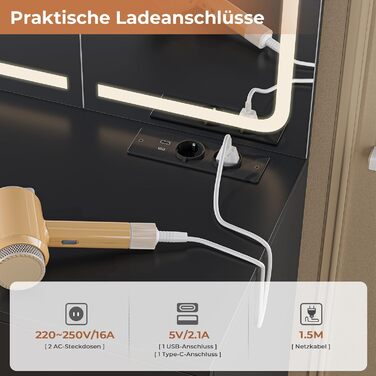 Великий туалетний столик AOGLLATI з великим дзеркалом та регульованою LED-підсвіткою. Косметичний столик з розетками, 3 висувними ящиками та 2 шафками. Сучасний туалетний столик для спальні (білий/чорний)