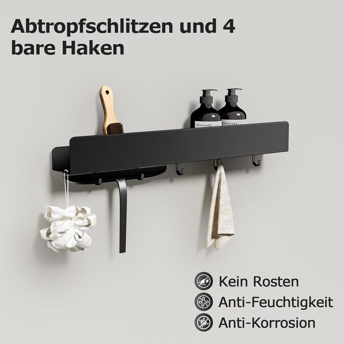Поличка для душу Rekita без свердління, органайзер для ванної кімнати 40 см, поличка з нержавіючої сталі з 4 знімними гачками, тримач для шампуню для душу, навісна полиця, полиця для ванної кімнати (Чорний-50см)