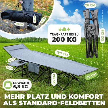Розкладне ліжко для кемпінгу NORDICTRAILS XXL з м'яким матрацом, компактна похідна лежанка для відпочинку та рибальства, сіра (190 x 70 см)