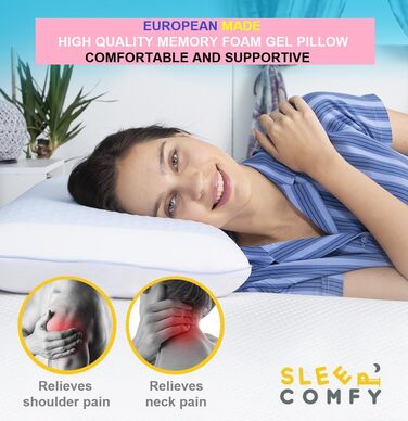 Ортопедична подушка для сну Comfy Premium Gel Memory Foam з гелевим охолодженням, 60x40x14/12 см. Підтримка шиї, для тих, хто спить на боці та на спині.