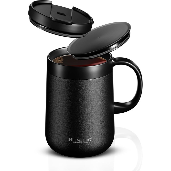 Термокружка з ручкою, подвійні стінки, вакуумна ізоляція, нержавіюча сталь 18/8, з 2 кришками, протиковзке дно, 440 мл, для офісу та робочого місця