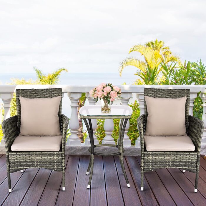 Набір садових меблів GIANTEX для балкона: стіл та 2 стільці з ротангу, комплект на 2 особи, з подушками (бежевий)