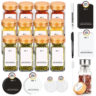 Набір бамбукових кришок для спецій | 12 скляних контейнерів для спецій з бамбуковими кришками | Організатор спецій для кухні | 120 мл
