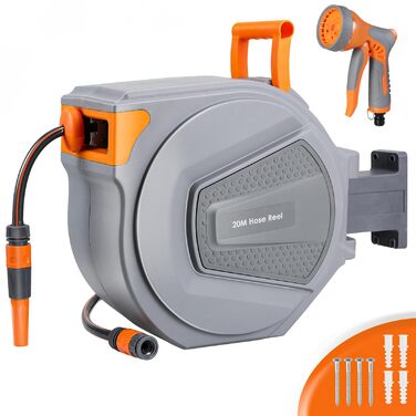Шланговий барабан з шлангом для саду, настінний, поворотний на 180°, автоматичне змотування, шланговий бокс з ручною лійкою (9 функцій), для поливу, миття авто (сіро-помаранчевий, 20м)