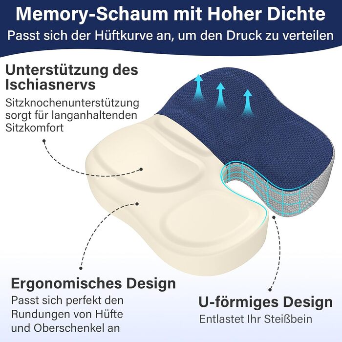 Ортопедична подушка для сидіння, ергономічна подушка для офісного крісла, подушка для куприка, комфортна подушка для стільця, зняття стресу, подушка для стільця, сидіння для автомобіля, офісу - (Блакитний)