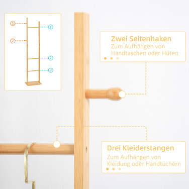 Вішалка для одягу HOMCOM, сучасний дизайн, 2 гачки та 3 перекладини, міцна бамбукова конструкція, 36x24x168 см, колір натуральний