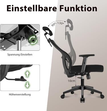 Ергономічне крісло для офісу, регульоване по висоті, поворотне з підтримкою попереку та підголівником, функція відкидання 90°-130°, максимальне навантаження 150 кг, чорний колір, X-Large
