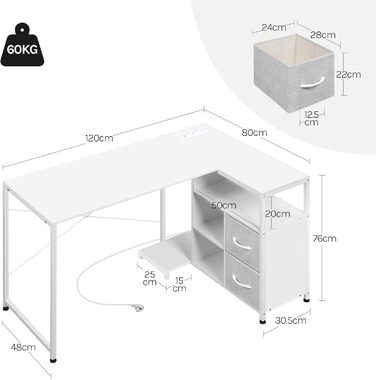 Кутовий стіл WOLTU білий з USB-роз'ємами (A/C) 120x80x75 см - стіл для комп'ютера з полицею та підключенням до електромережі, металевий каркас