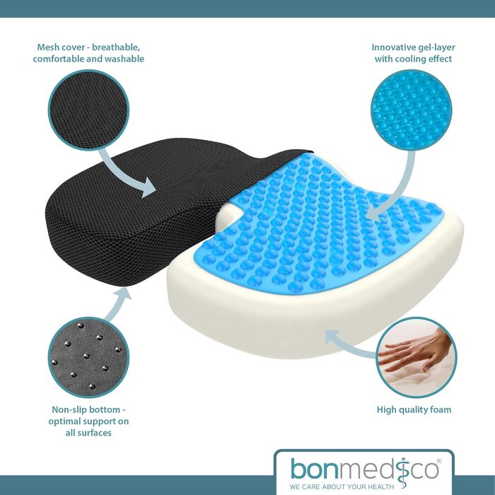 Ортопедична подушка для сидіння Bonmedico - гель з пінкою з ефектом пам'яті, ергономічна для автомобіля та офісу, чорна, велика