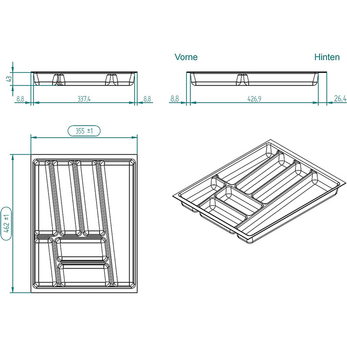 Вставка для столових приборів ORGA BOX II для ящика Nobilia 45 (462 x 355 мм будь ласка, виміряйте розмір внутрішньої частини ящика) сріблясто-сірий
