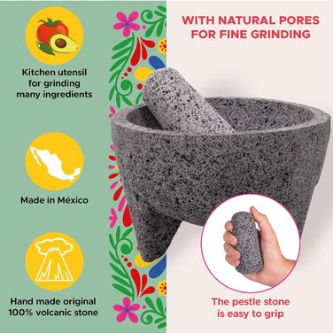Молот для спецій Molcajete 15,2 см, ручної роботи з вулканічного каменю, мексиканський, для приготування соусів, гуакамоле та спецій