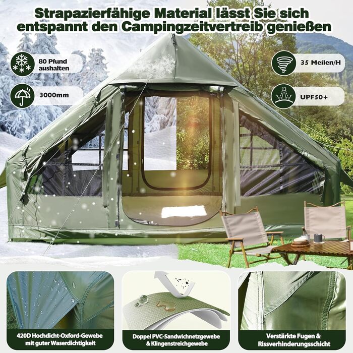 Надувний кемпінговий намет Oxford 420D для глемпінгу 4-5 осіб з насосом, водонепроникний (3000 мм), 4 сезони, з вікнами-москітними сітками, під камін, 300x210x200 см