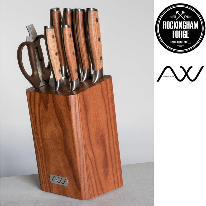 Набір кухонних ножів Rockingham Forge Ashwood 8 предметів з дерев'яною підставкою, точилка та ножиці – професійні ножі з нержавіючої сталі, преміум-якість
