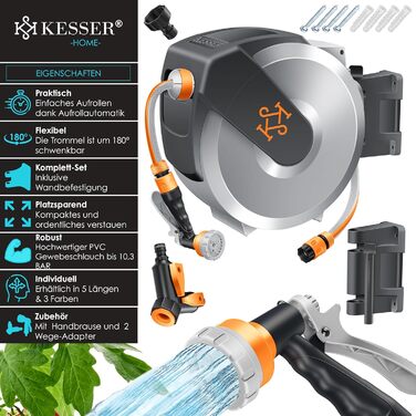 Шланг для саду KESSER® з автоматичним підйомом | Шланг для поливу 25м з насадкою 7-в-1 | Настінна шланг-бокс | Колір сірий