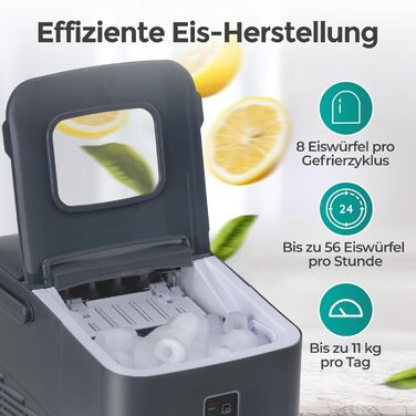 Льодогенератор KLAMER 24 кг/добу, 3 розміри льоду, 2.2л резервуар, 130W, тихий, сірий