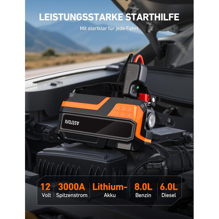 Powerbank AstroAI MF16 6000A з компресором 150PSI: старт для авто, мото, SUV (12V, 10L бензин/8L дизель), LED-дисплей, помаранчевий