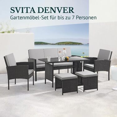 Садовий набір меблів SVITA Denver з поліротангу 4 предмети: 2 крісла, диван на 2 місця, стіл - чорний, сталевий каркас, водостійкий PE-ротанг, подушки