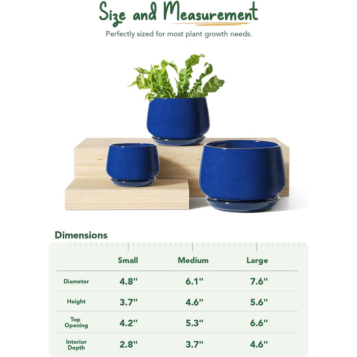 Керамічні горщики LE TAUCI з підставкою, 10+13+16 см, набір з 3 горщиків для кімнатних рослин, з дренажним отвором, колір Сафіровий Блакитний