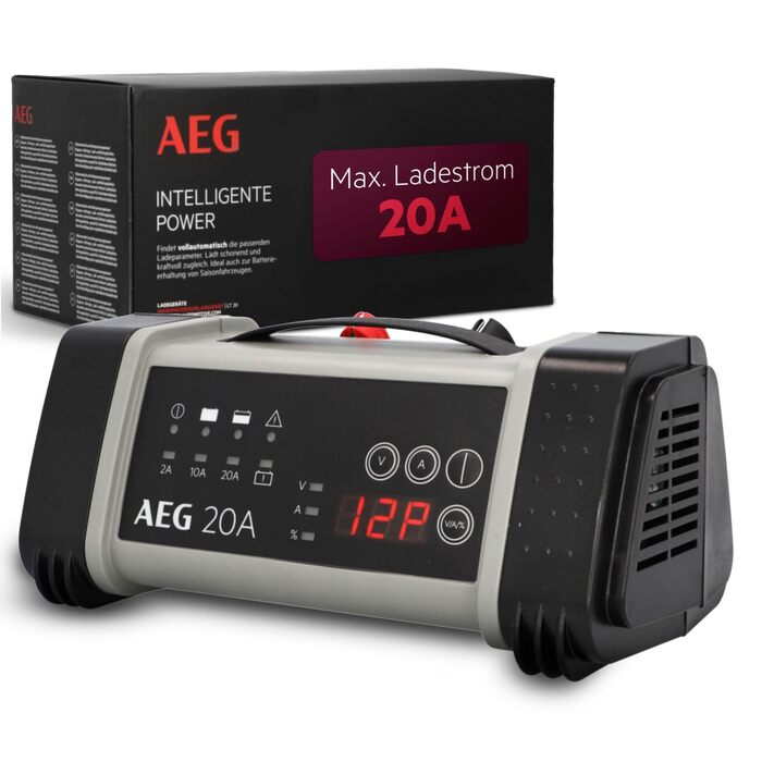 Зарядний пристрій акумуляторів AEG LT 20, 20A для 12/24V авто, 9-ступінчатий, з інтелектуальною функцією заряджання та автоматичним вирівнюванням температури, чорний/сірий