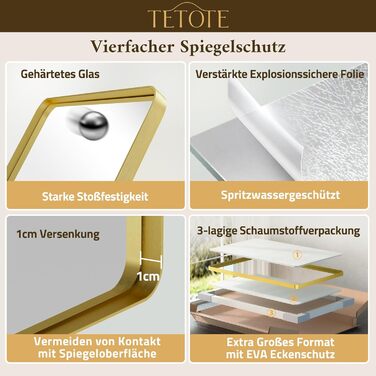 Дзеркало настінне TETOTE 40x50 см, прямокутне, з металевим каркасом, для ванної кімнати, з закругленими кутами, скло загартоване, золотий колір