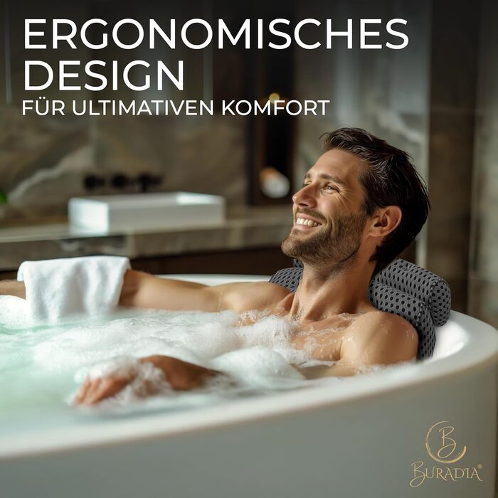 Подушка для ванни з сіткою для прання - Максимальний комфорт та розслаблення з новітньою технологією Air Mesh - Подушка для ванни з 7 потужними присосками - Подушка для шиї/голови (Сірий)