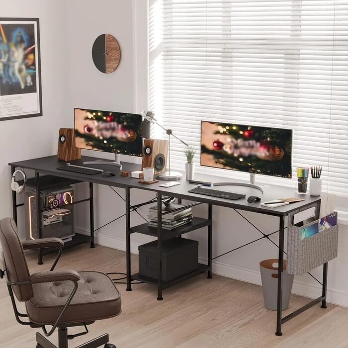 Ігровий кутовий стіл L-подібної форми з LED-підсвічуванням та розетками, 140x140 см, реверсивний комп'ютерний стіл з підставкою для монітора, 4 полиці та бічні кишені для дому та офісу (Чорний, 140x140x74 см)