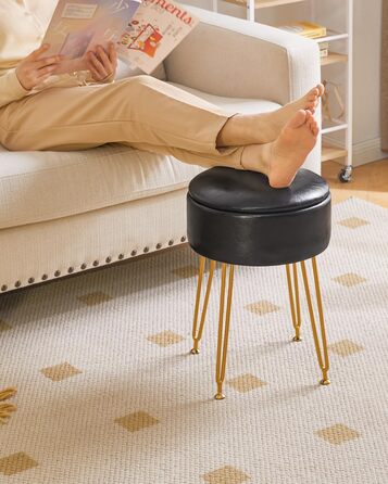 Пуф-табуретка IBUYKE з велюру, круглої форми, з м'якою оббивкою, на золотих металевих ніжках, чорного кольору, з PU-підсидінням для зберігання, модель L/G-30P