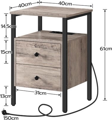 Приліжкова тумбочка з зарядною основою, 2 висувних ящика, USB порти, 40x40x6 см, Vintage Greige Black