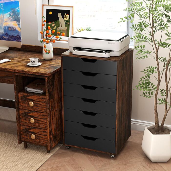 Роликовий контейнер GIANTEX з 5 висувними ящиками, комод на колесах під стіл, офісний шафчик для дому та офісу (білий, чорний + коричневий), 49 x 40 x 87 см