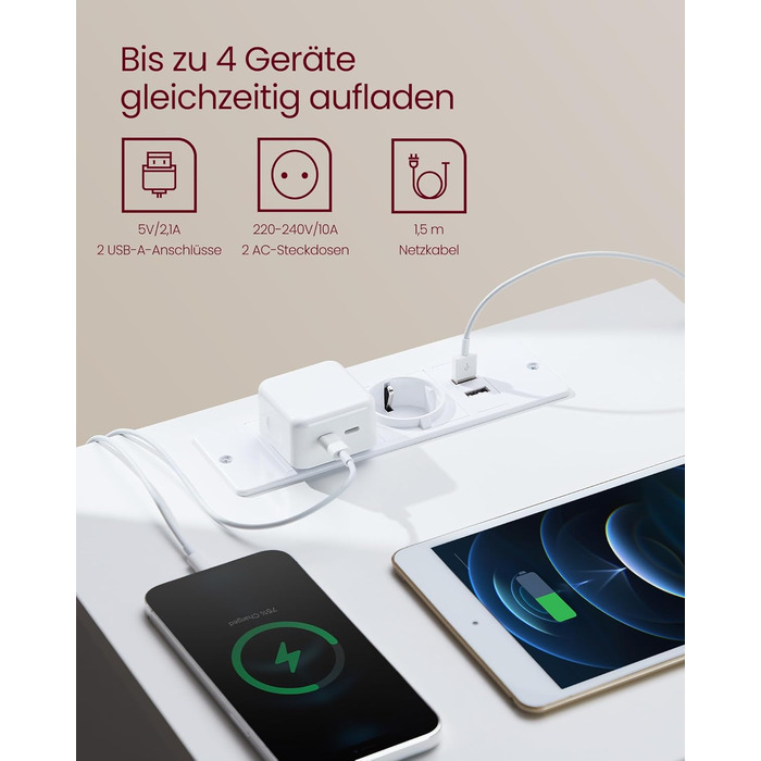 Приліжкова тумбочка VASAGLE Kailyn з розетками та USB-портами, 3 висувні ящики, сучасний дизайн, сіро-коричневий колір, LET831G01