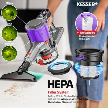 Бездротовий акумуляторний пилосос KESSER® з LED дисплеєм, до 60 хв роботи, тихий, без мішка, з антизаплутуючою насадкою, HEPA фільтром, аромакапсулою (чорний/сірий)