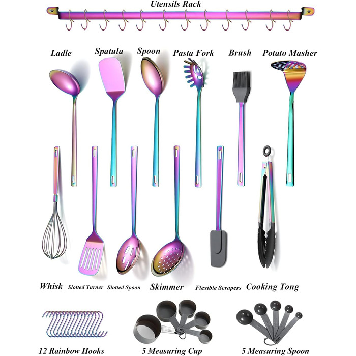 Набір кухонного посуду Kyraton Rainbow з 37 предметів, набір кухонного приладдя з нержавіючої сталі з титановим покриттям з веселки, набір кухонних інструментів з тримачем для посуду, Набір кухонних ложок, придатний для миття в посудомийній машині набір з