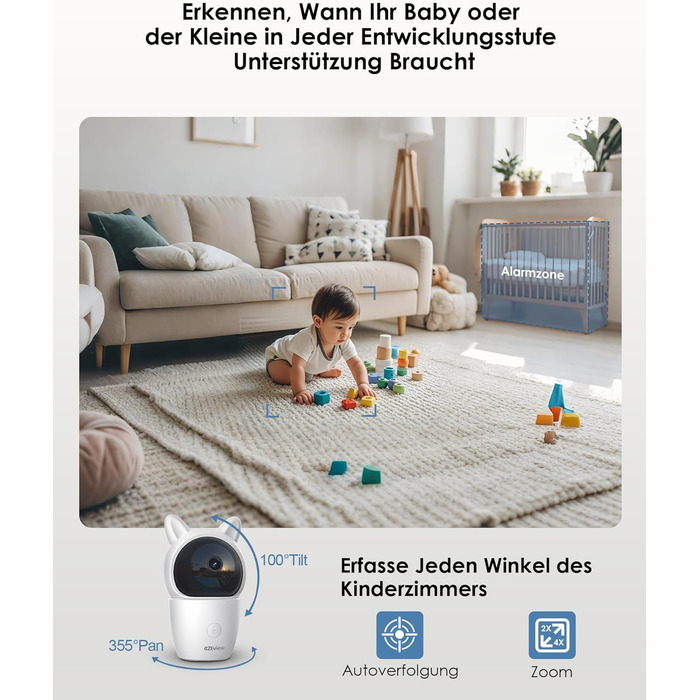 Відеоняня з камерою 2K HD Wi-Fi Babyphone з додатком, 360° огляд, 4x Zoom, нічний режим, датчик руху/плачу/звуку, термометр, чорний - 1 камера