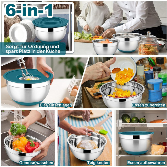 Набір мисок HaWare 6 шт. з нержавіючої сталі з кришками та тертками, 4.6/2.8/2.5/1.6/1.2/0.7 л, силіконове дно, миючі в посудомийній машині