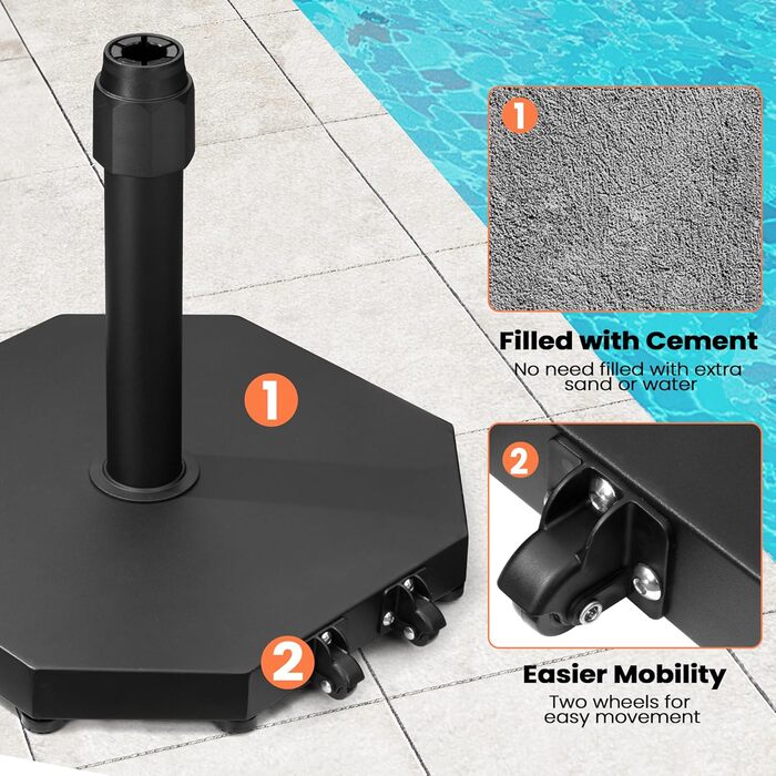 Підставка для парасольки на терасу, 18.6 кг, на колесах, чорна, для маркетних парасоль, міцна, підставка для парасольки, база для тераси, басейну, двору