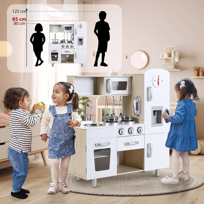 Дерев'яна дитяча кухня MAMIZO - іграшковий кухонний набір для дітей, 81x74x30 см, з підсвіткою та звуком, аксесуари, для дітей від 3 років, білий колір