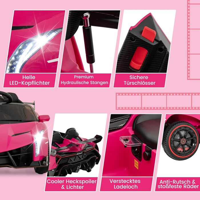 Електромобіль для дітей COSTWAY Lamborghini, рожевий, з пультом ДУ, LED-фарами, клаксоном і музикою, швидкість 3-6 км/год, дитяча машина від 3 років
