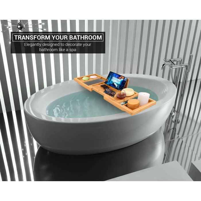 Підставка для ванни ADOV з бамбука, розширювана, з місцем для телефону, книги, напоїв та свічки. Підходить для більшості ванн