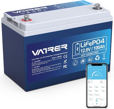 Літієва батарея VATRER POWER 12V 100AH LiFePO4 з Bluetooth, 100A BMS, 5000 циклів, 1280 Вт, захист від низької температури