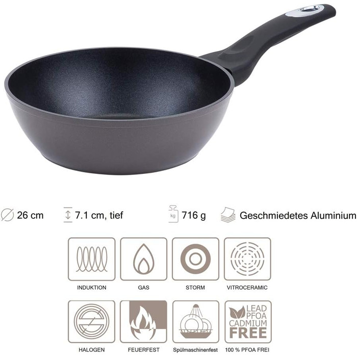 Сковорода 26 см, алюмінієва сковорода вок з антипригарним покриттям - для всіх типів плит, включаючи індукційні (Ø26 см, h7,1 см, Ø дна 16,4 см), 93032