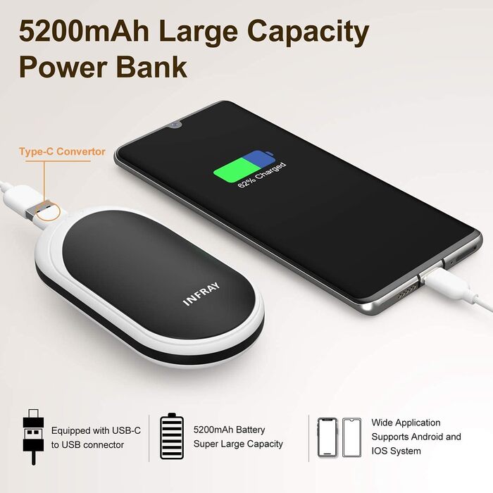 Infray грілка для рук USB, 5200mAh Power Bank, електрична грілка для рук з двостороннім нагрівом, чорна - ідеальний подарунок на зиму
