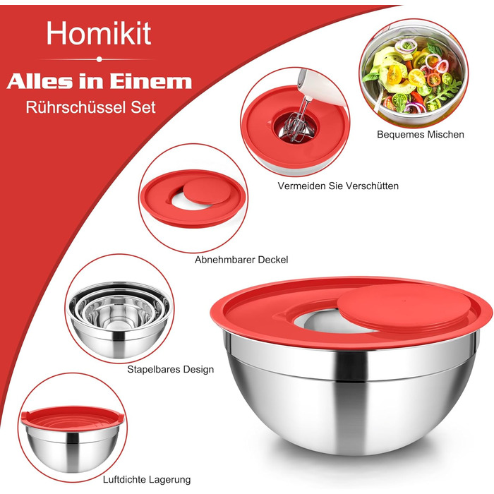 Набір мисок Homikit, 5 шт. з нержавіючої сталі, з кришкою та силіконовим дном, мультифункціональний, для салатів, 6.6L / 3.5L / 2.5L / 1.5L / 1L (червоний, з 3 тертками)