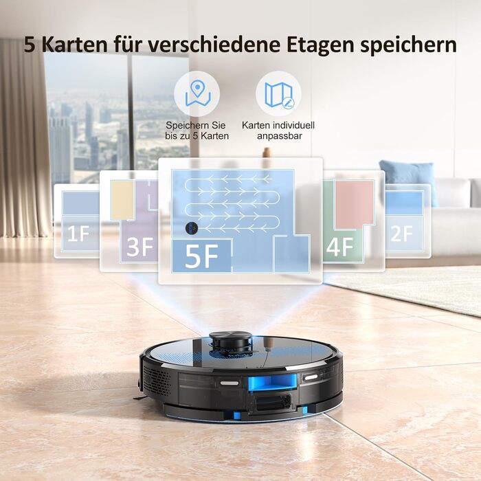 Робот-пилосос Lubluelu з функцією миття, покращена версія, потужність 5500Pa, лазерна навігація, 5 карт, 55 dB, керування через додаток, ідеально підходить для шерсті тварин, килимів та твердих підлог, блакитний