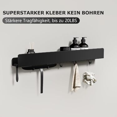 Поличка для душу Rekita без свердління, органайзер для ванної кімнати 40/60 см, нержавіюча сталь, 4 знімні гачки, тримач для шампуню, навісна поличка, полиця для ванної (Чорний)