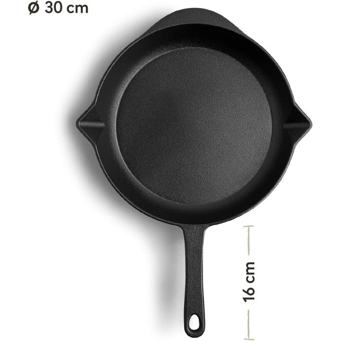 Чавунна сковорода BURNHARD Ø30 см, попередньо витримана, вкл. шкіряний захист ручки - для газового гриля, духовки, всіх типів плит (індукційних) (60 символів)